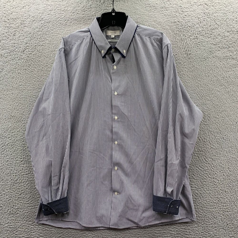 NEXT Shirt Mens XL Button Up Striped Long Sleeve Extra Large White Blue
